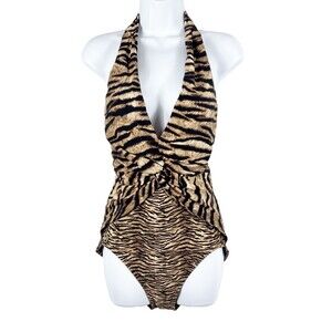 Michael Michael Kors Size 12 Animal Print Halter Ruched One Piece Swimsuit Logo
